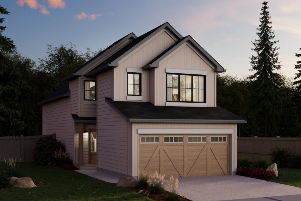 Pacesetter Homes Bonanza single-family home model render featuring a front-attached garage and modern farmhouse elevation in a new community.
