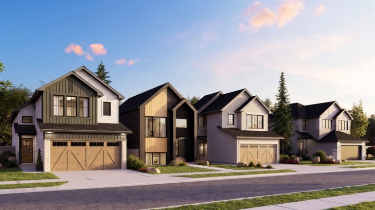 Exterior rendering of the Pacesetter Homes 75th Anniversary model lineup in Edmonton, showcasing four modern two-storey home architectural designs side by side along a residential street.